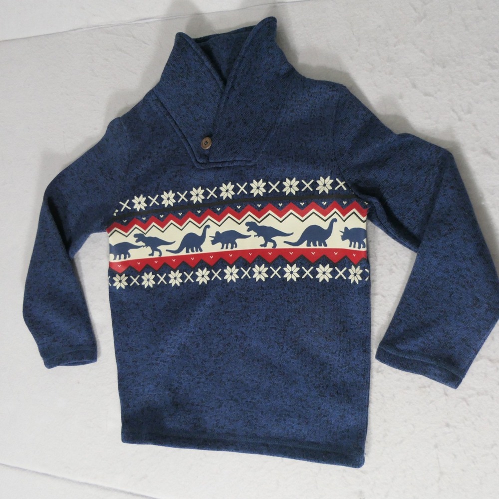 Jumping Beans Boys Pullover 5T Blue Dinosaur Shawl Collar Fair Isle Fleece Cozy